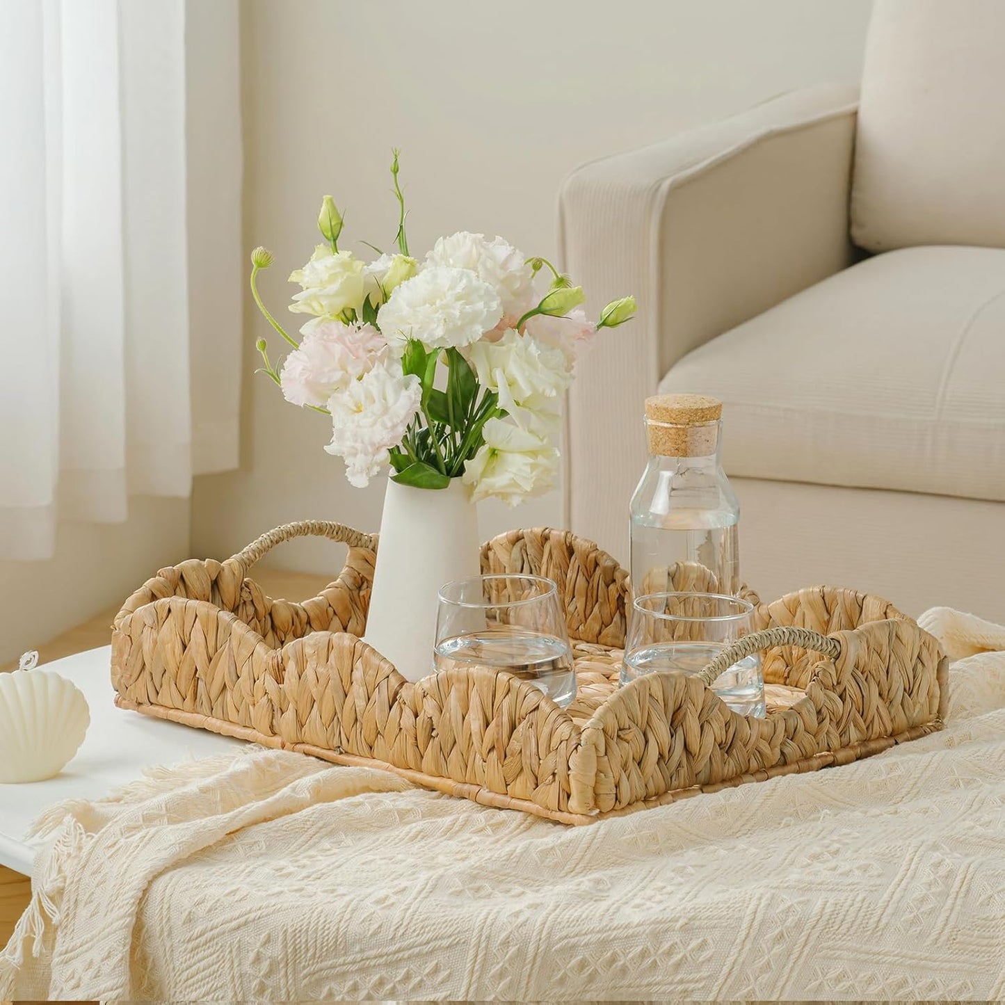 Water Hyacinth Serving Tray, Handwoven Woven Tray with Handles and Scalloped Edge, Rectangle Wicker Basket for Home Decor and Organizing, 16.9" L x 12.9" W x 1.96" H