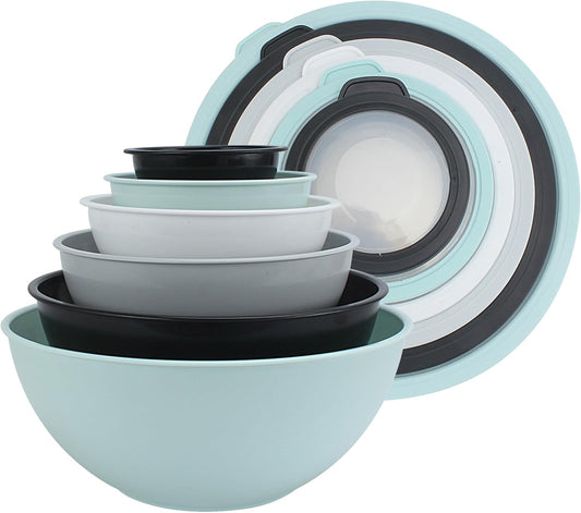 COOK WITH COLOR Mixing Bowls with TPR Lids - 12 Piece Plastic Nesting Bowls Set includes 6 Prep Bowls and 6 Lids, Microwave Safe Mixing Bowl Set (Mint)