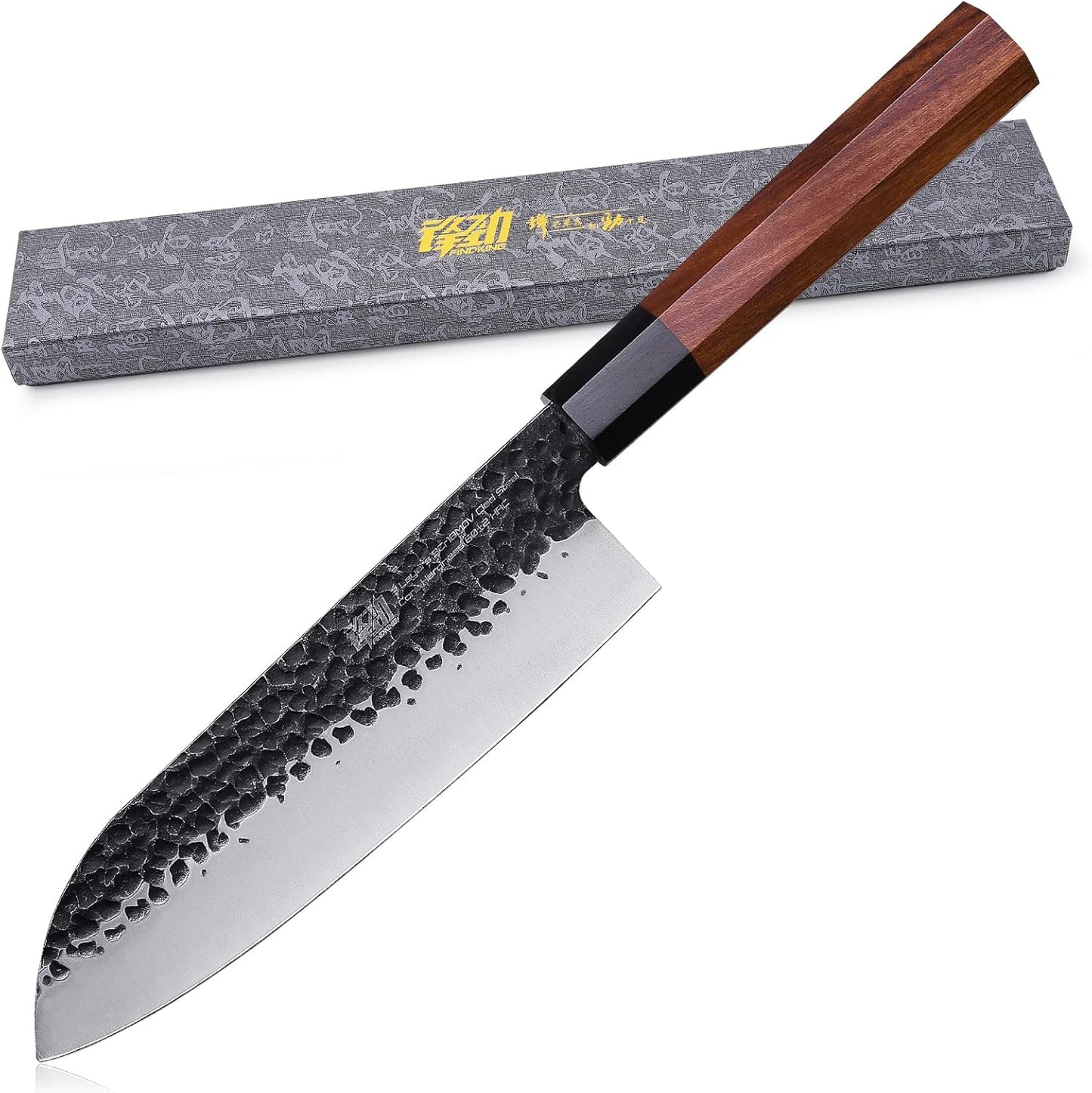 FINDKING Dynasty Series Japanese Santoku Knife, Professional Kitchen Knife, 9Cr18MoV High Carbon Steel Blade, African Rosewood Octagonal Handle, for Meat, Fruits, Vegetables, 7 Inches