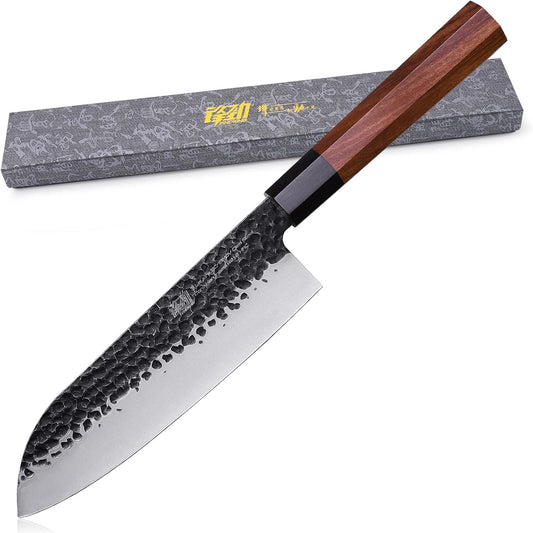 FINDKING Dynasty Series Japanese Santoku Knife, Professional Kitchen Knife, 9Cr18MoV High Carbon Steel Blade, African Rosewood Octagonal Handle, for Meat, Fruits, Vegetables, 7 Inches