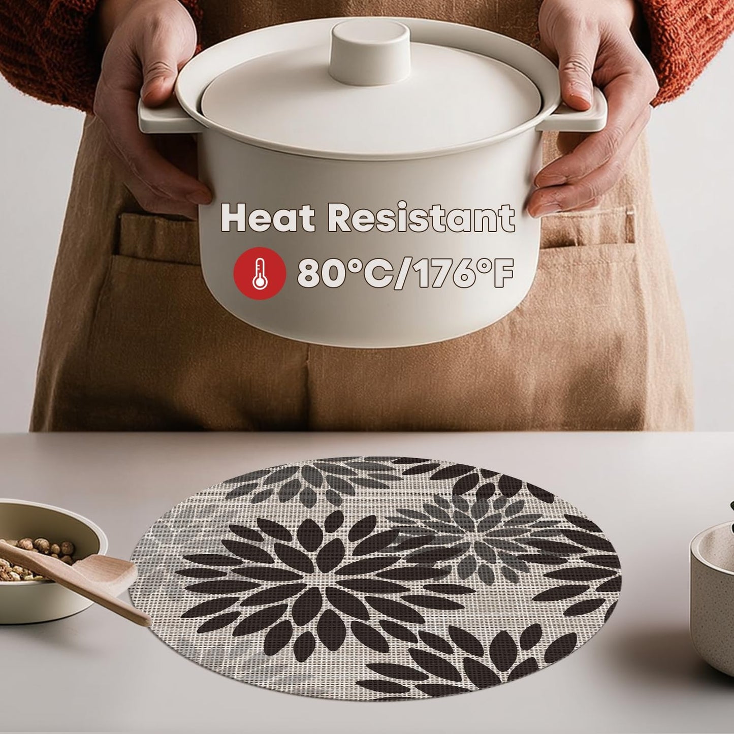 Artoid Mode Black Dahlia Plastic Round Placemats Set of 4, 14 Inch Seasonal Wipeable Woven Vinyl Table Mats for Farmhouse Party Kitchen Dining Decor