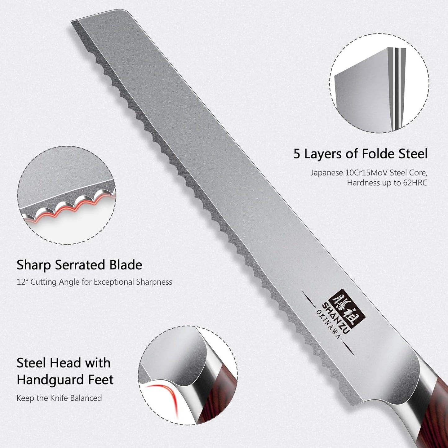 SHAN ZU Bread Knife 8 Inch, Japanese High Carbon 10Cr15Mov Stainless Steel Cake Knife, Razor Sharp Sourdough Slicing Knife, Multifunction Serrated knife for Homemade Bread