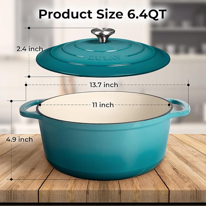 Zulay Kitchen 6 Quart Enameled Cast Iron Dutch Oven with Lid – Premium Durability & Oven Safe up to 500°F – Heavy Duty Cookware Perfect for Bread Baking, Stews, Braising & Roasting – Light Blue