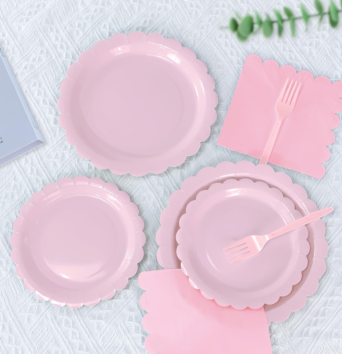 96 Pcs Light Pink Plates and Napkins Party Supplies Serve 24 Guests Including Pink Scalloped Paper Plates and Napkins Plastic Forks for Baby Shower Birthday Party Disposable Dinnerware Set