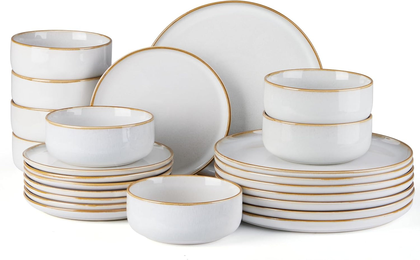 E-far Plates and Bowls Set for 8, 24-Piece Stoneware Dinnerware Sets, Ceramic Dinning Ware Reactive Glaze Dishes Set, Microwave & Dishwasher Safe - Seashell White