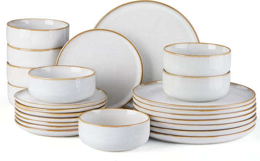 E-far Plates and Bowls Set for 8, 24-Piece Stoneware Dinnerware Sets, Ceramic Dinning Ware Reactive Glaze Dishes Set, Microwave & Dishwasher Safe - Seashell White