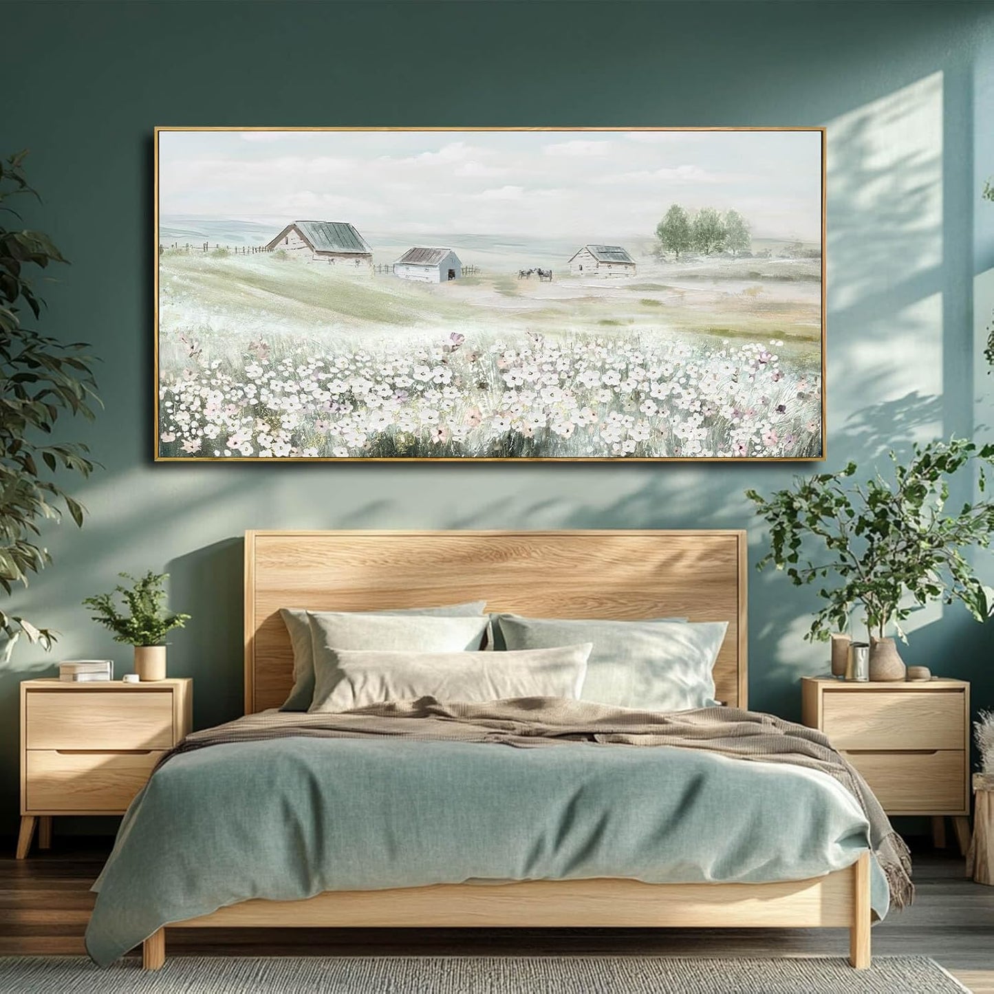 Farmhouse Framed Wall Art Landscape Wall Decor Green Wall Print 36"x70" Bedroom Artwork for Wall Over Bed Office Pictures