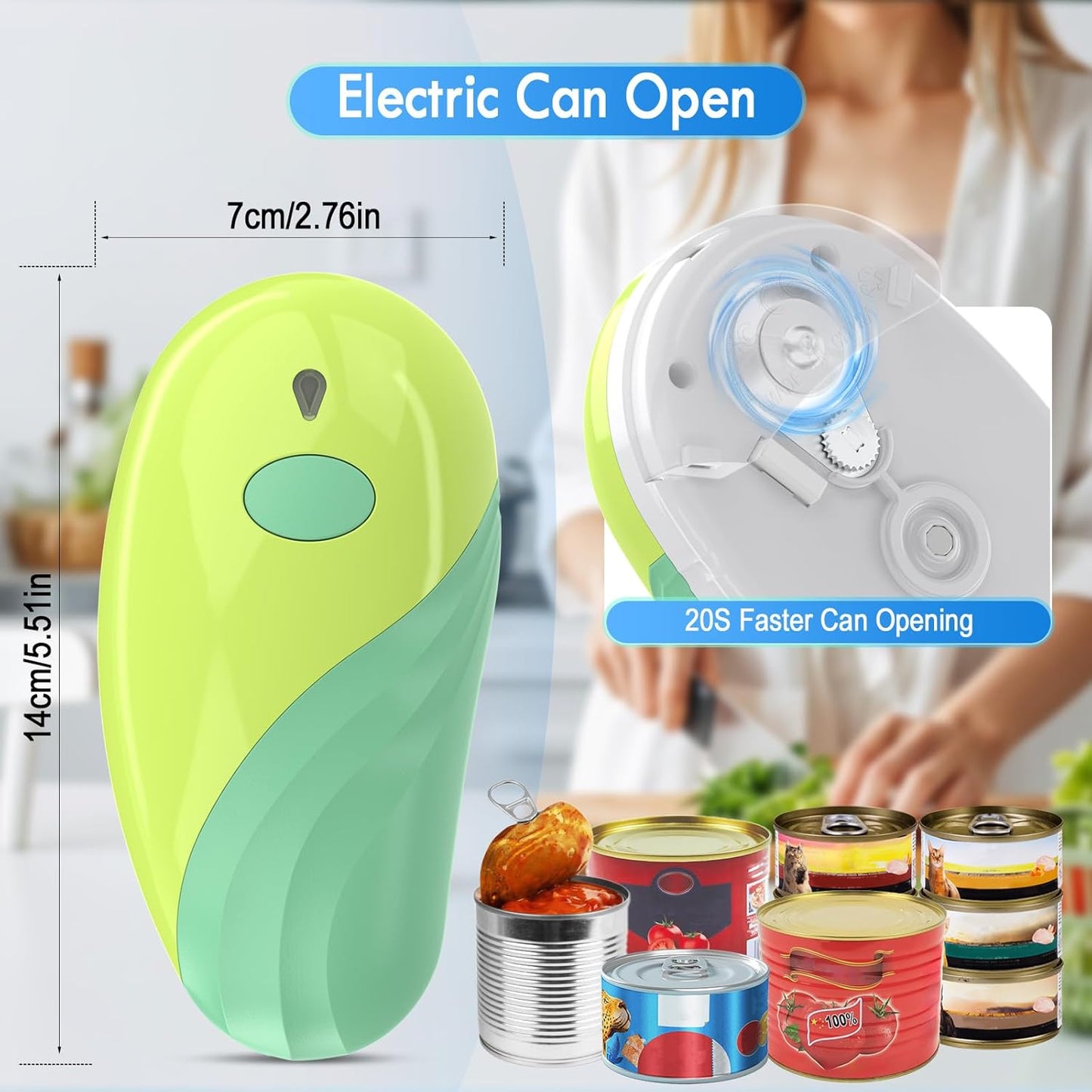 HuiJuKeJi Electric Can Opener, Rechargeable Automatic Can Opener for Seniors with Arthritis, One-Touch Hands-Free Can Opener for Almost Can Sizes, Smooth Edge & Food-Safe Kitchen Gadgets-Green