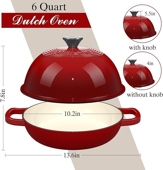 Enamelled Cast Iron Dutch Oven Pot – Dutch Oven Pot with Lid For Sourdough Bread Baking – Cast Iron Bread Oven – Red, Umite Chef 6QT Pot with Lid & Cotton Potholders