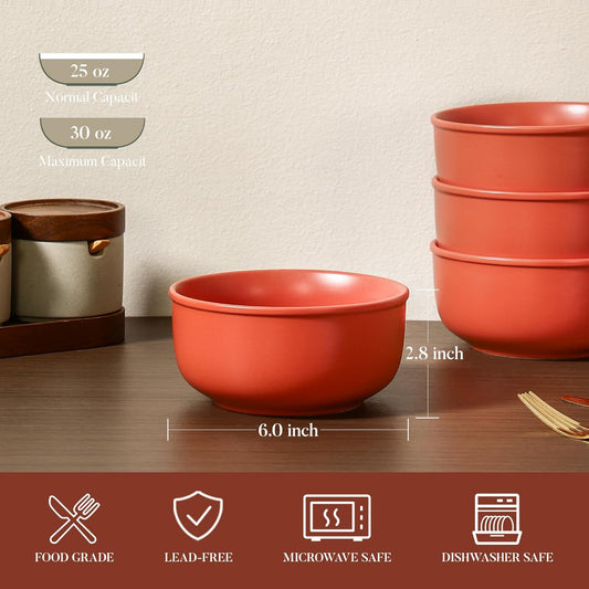 GZG 6-Inch Ceramic Cereal Bowls Set of 4, Rustic Matte Glazed Stoneware Bowls for Cereal, Soup, Salad & Snacks, 30 oz Capacity, Microwave & Dishwasher Safe(Terracotta Blush)