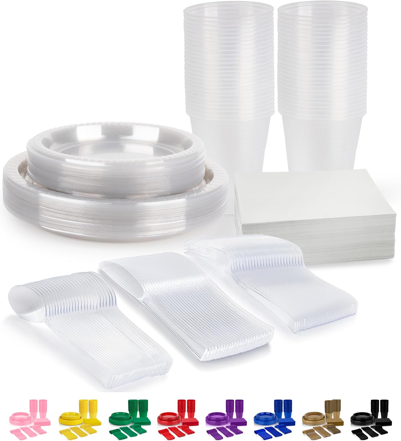 Grandipity 350 Piece Clear Disposable Dinnerware Set, Includes 50 of Each: 9" Dinner Plates, 7" Dessert Plates, 12oz Cups, Paper Napkins, Forks, Knives & Spoons