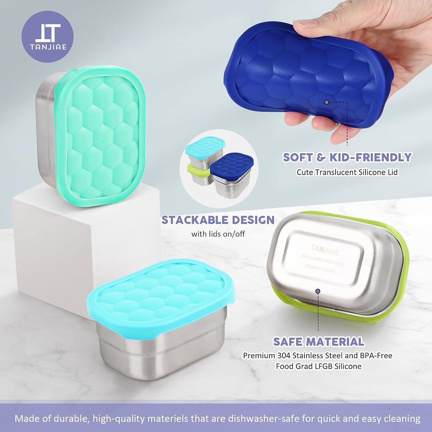 4Pack 8oz Small (1 CUP) Stainless Steel Snack Containers for Kids | Reusable Easy Open Toddler Snack Containers with Silicone Lids | Stackable Toddler Lunch Box for Daycare, School and Travel