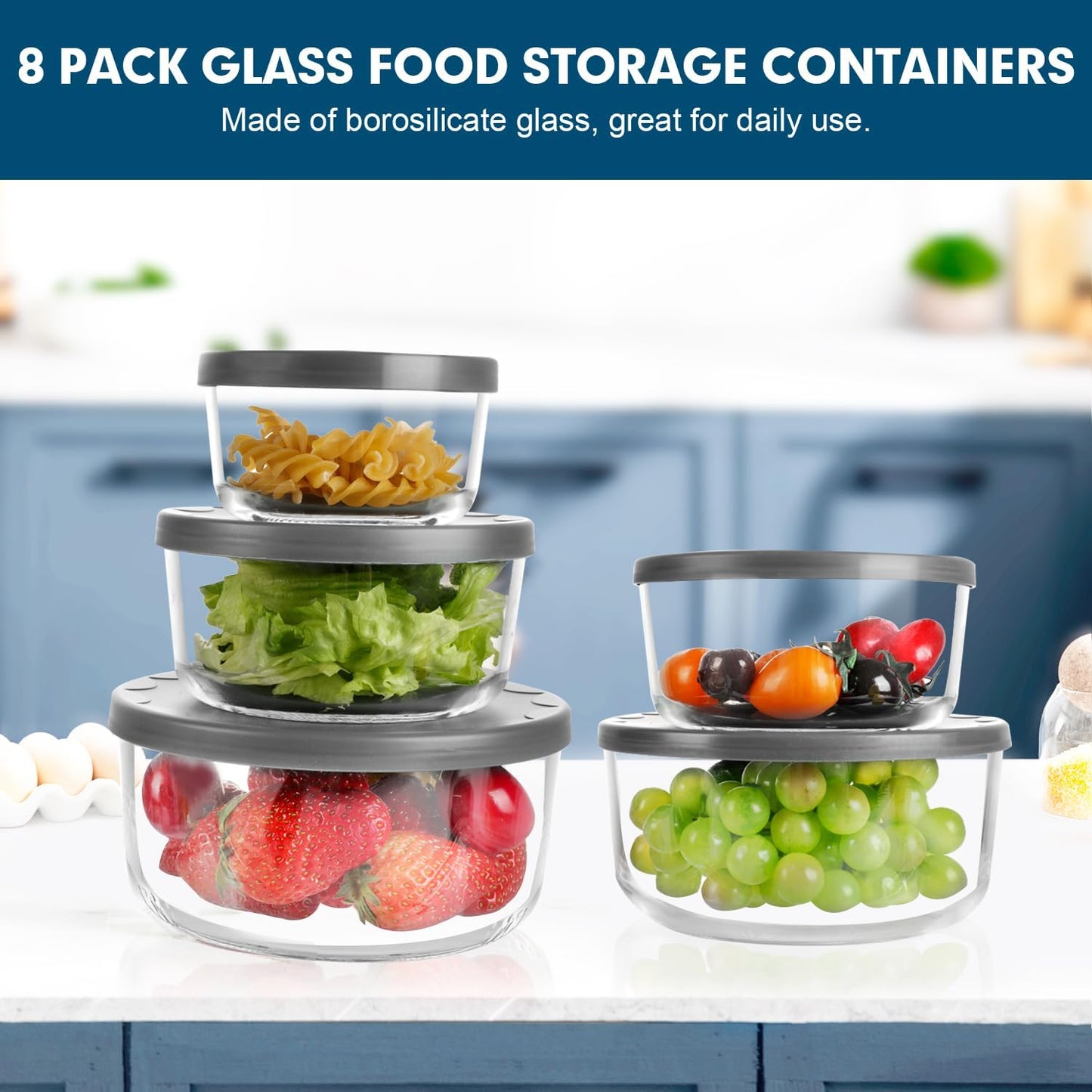 M MCIRCO 8-Pack Glass Food Storage Containers Set, Round Containers with Lids, 7, 4, 2 & 1-Cup, Microwave Dishwasher Friendly, BPA-Free Meal Prep Containers