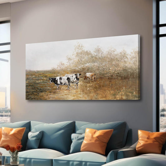 Farmhouse Cute Cattle Wall Art Framed Wall Decor Animal Theme Artwork Cow Picture for Home Office Bedroom Living Room Decoration 24x48 Inch