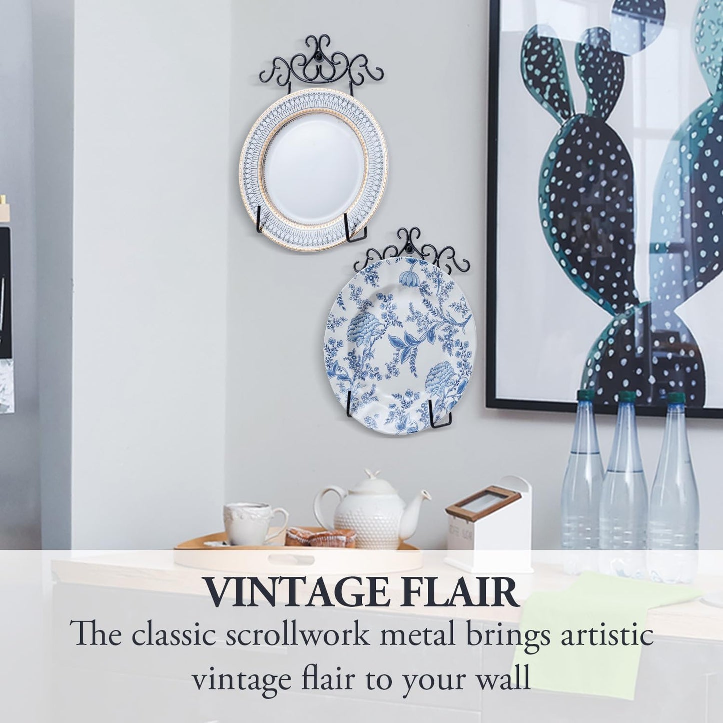 MyGift Vintage Scrollwork Black Metal Hanging Plate Holder, Set of 2 – Wall-Mounted Plate Display Rack for Collectible Plates & Platters – Holds Up to 8-Inch Plates