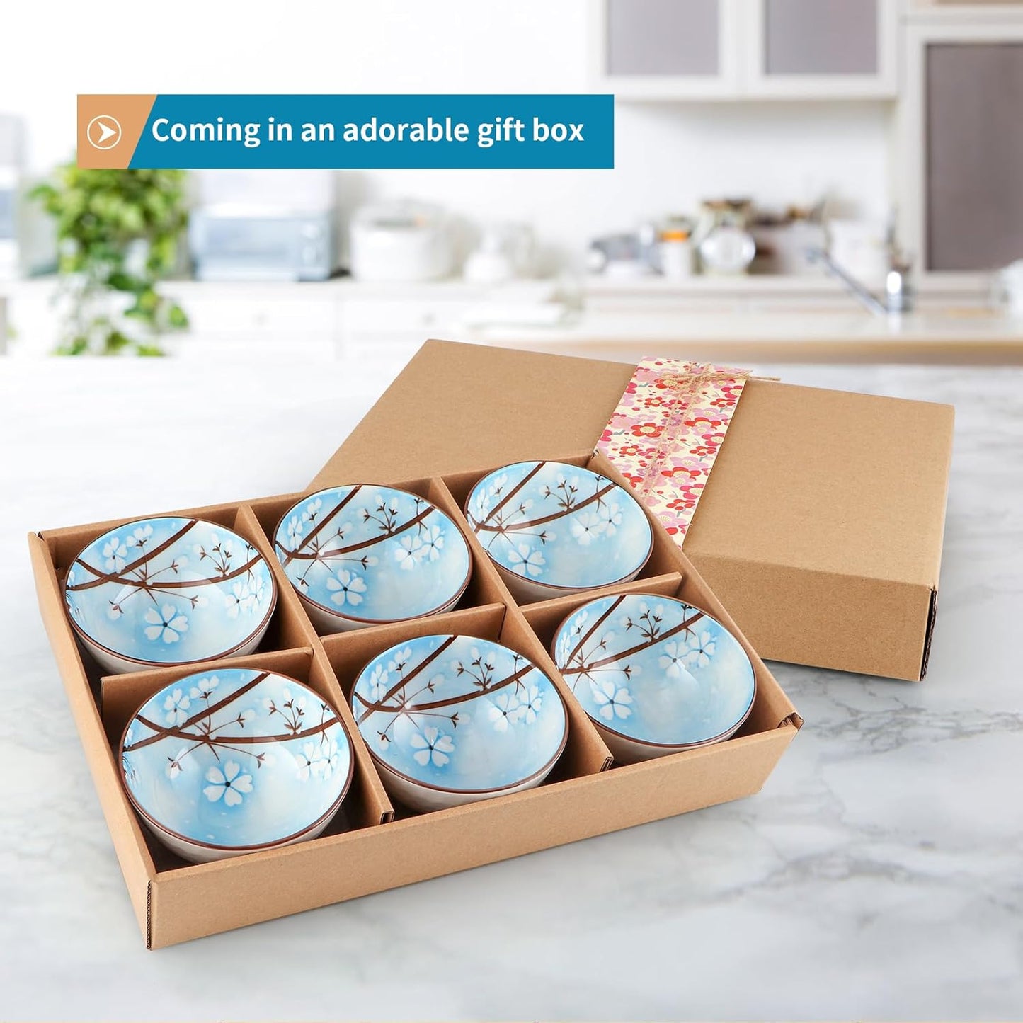 Ceramic Rice Bowls 10 oz, Sakura Bowl Gift Set, Dinnerware Serving Bowls for Rice, Cereal, Noodle, Soup, Desserts, Pack of 6 (Blue)