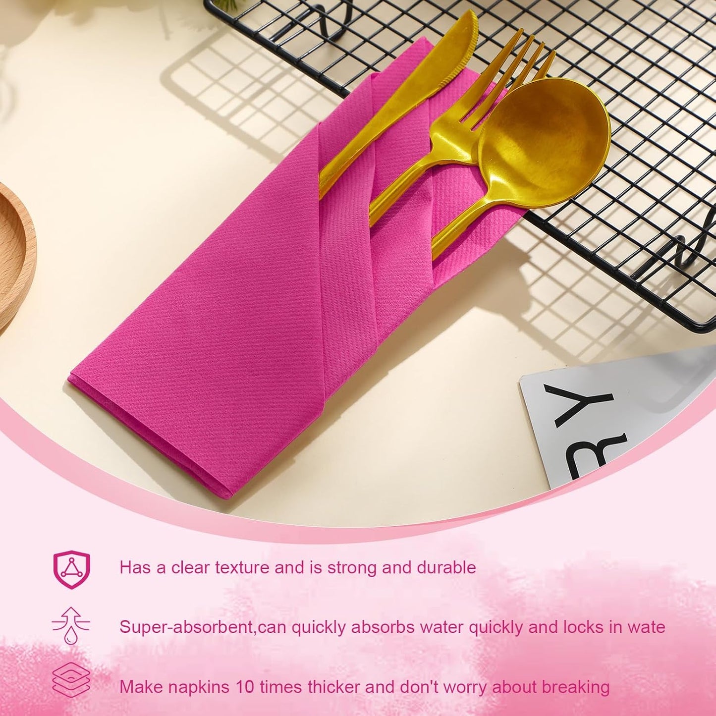 Qilery 100 Pcs Paper Linen Napkins Disposable Airlaid Paper Prefolded Dinner Napkins with Built in Flatware Pocket for Silverware Valentine Wedding Party Christmas Day (Hot Pink)