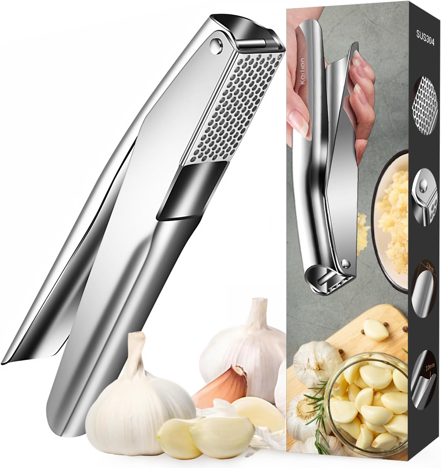 Stainless Steel Garlic Press, Premium Garlic Crusher - Leak-Proof, Easy to Clean, Rust-resistant, Dishwasher Safe!