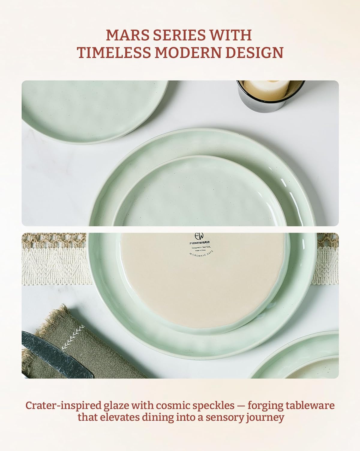 Famiware Mars Plates and Bowls Set, 12 Pieces Dinnerware Sets, Dishes Set for 4, Light Green