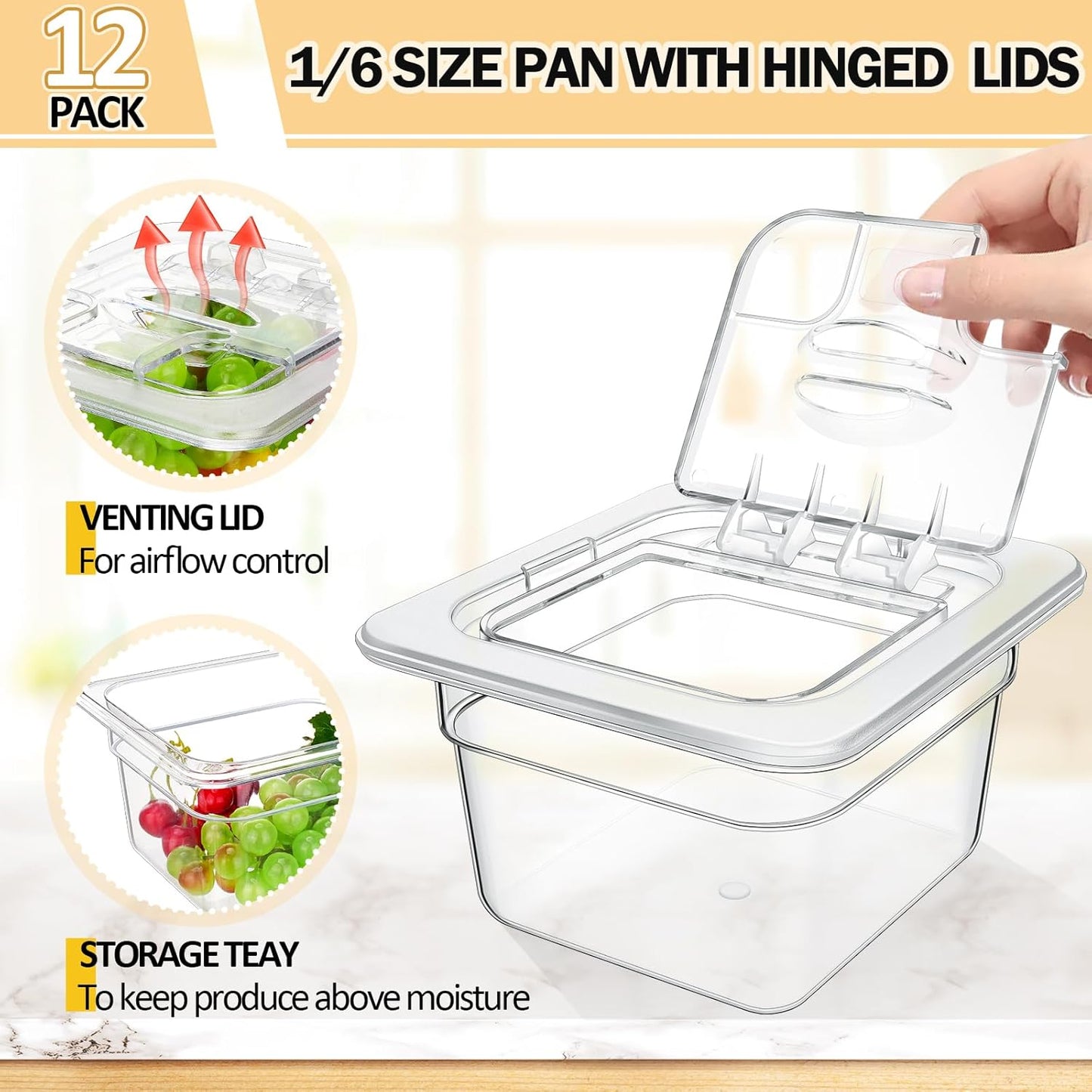Geetery 12 Pack 4'' Deep Polycarbonate Food Pan with Lid Stackable Plastic Pan Restaurant Food Storage Containers with Hinged Lids for Hotel Supplies(Clear)