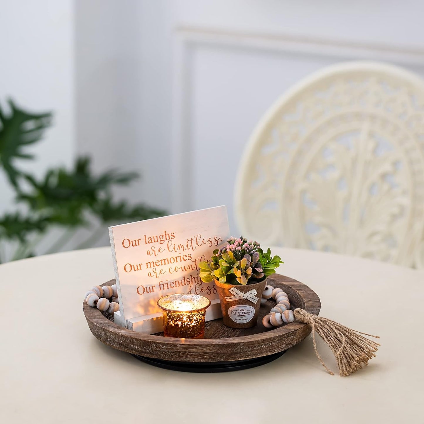 Turntable Rustic Wooden Serving Tray: Hanobe Round Wood Decorative Vintage Centerpiece Candle Holder Trays Farmhouse Ottoman Tray with Turn Table for Kitchen Countertop Coffee Table