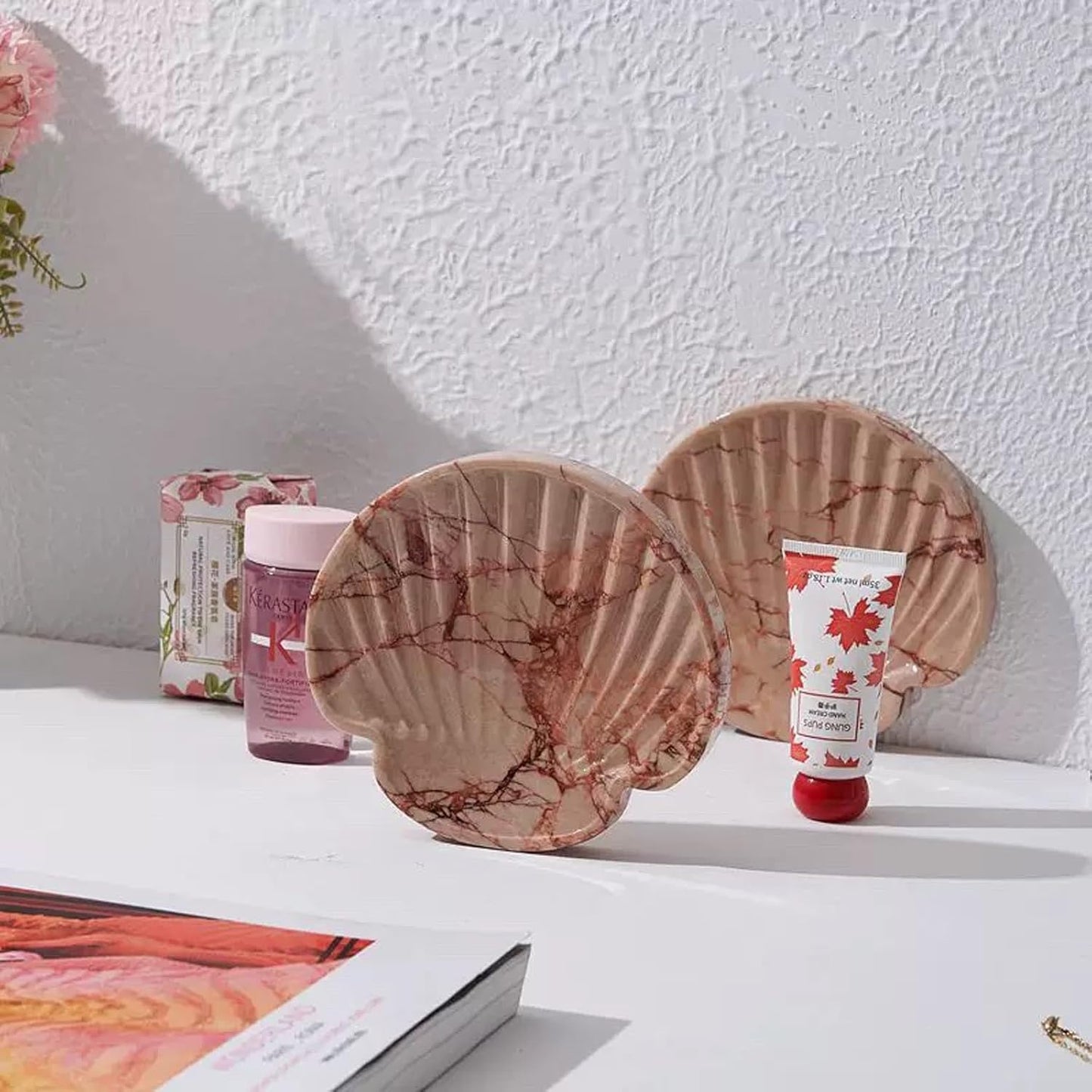 Real Natural Marble Jewelry Tray, 5.9 Inch Pink Vanity Tray, Trinket Dish, Ring Holder, Storage Tray, Dresser Organizer, Table Decor for Nightstand, Bathroom, Kitchen