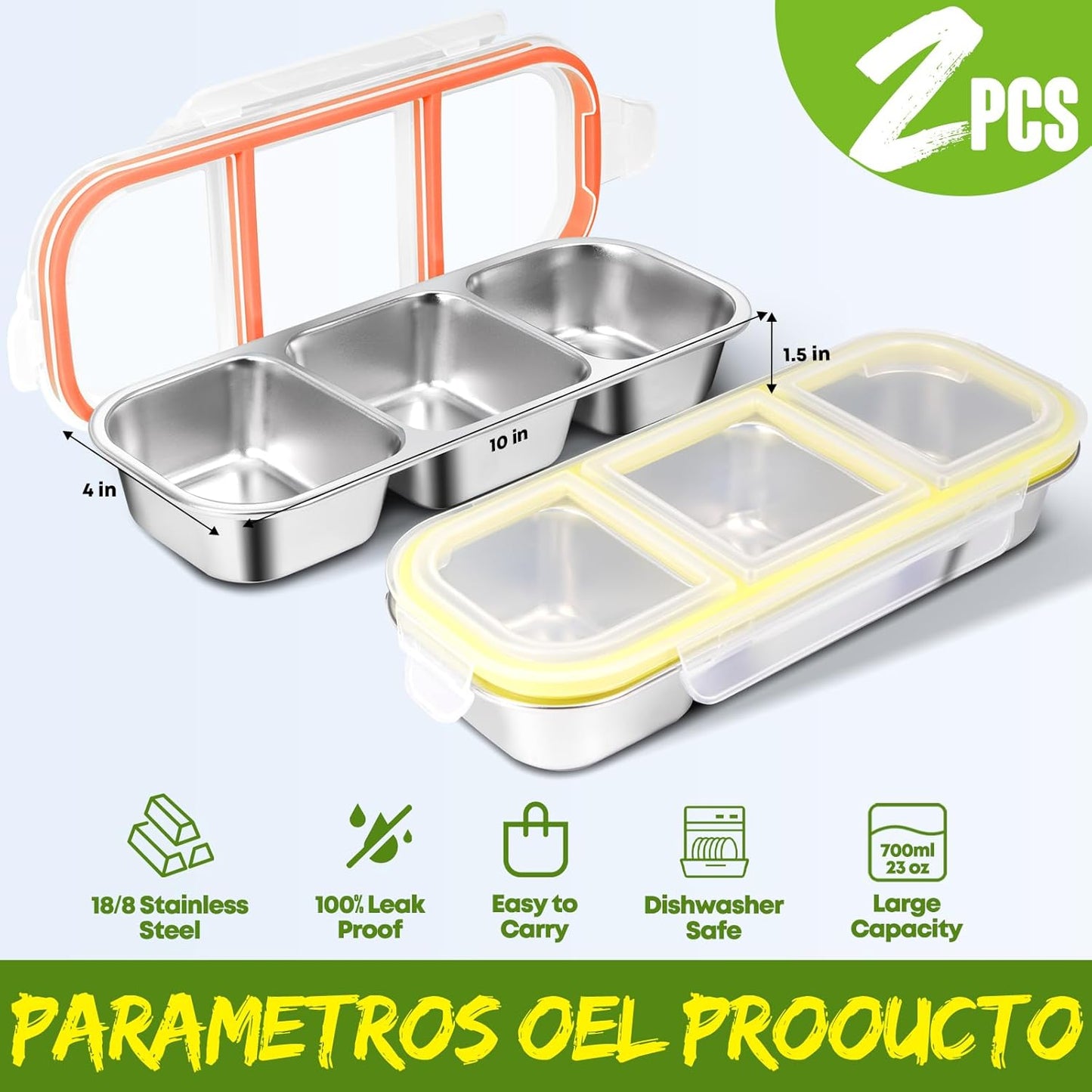 2 Pack Stainless Steel Snack Containers with Lids - Reusable 2 Compartment Snackle Box Container Divide Wet Dry Leakproof Metal Food Storage Containers for School, Home, Travel (Yellow + Orange)