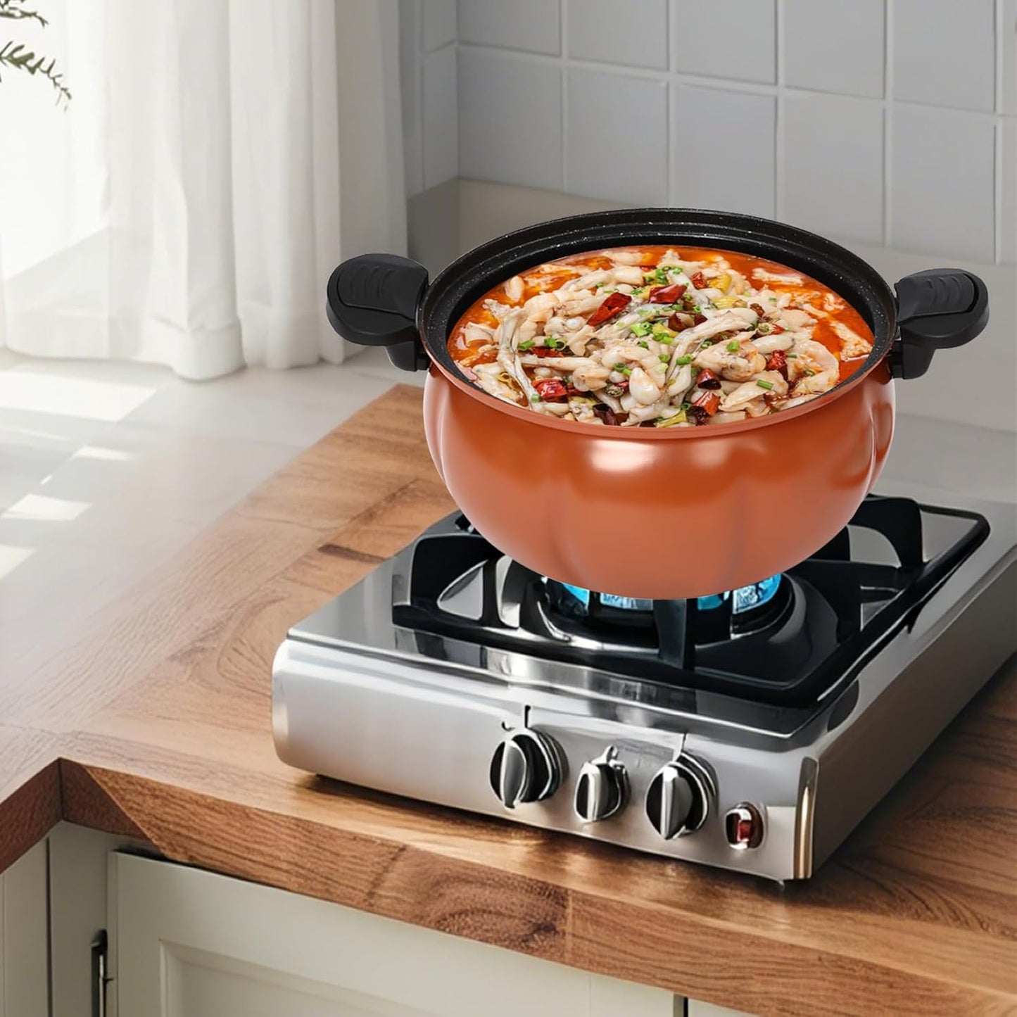 2.11gal Pumpkin Micro Pressure Cooker Non-stick Micro Pressure Cooking Pot with Clear Lid Stew/Soup Pot for Open Flames & Gas Stoves (Orange) Halloween Thanksgiving Decorative Pot Gift