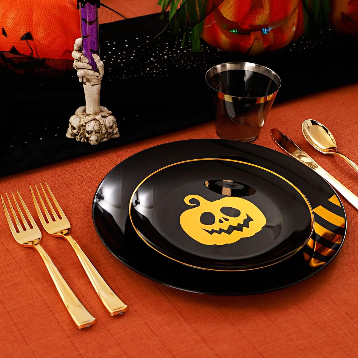 KIRE 25 Guest Halloween Plates Black Gold Plastic Plates Smiley Pumpkin include 50PCS Black &150PCS Gold Plastic Silverware&25PCS Clear Black Cups for Halloween Party