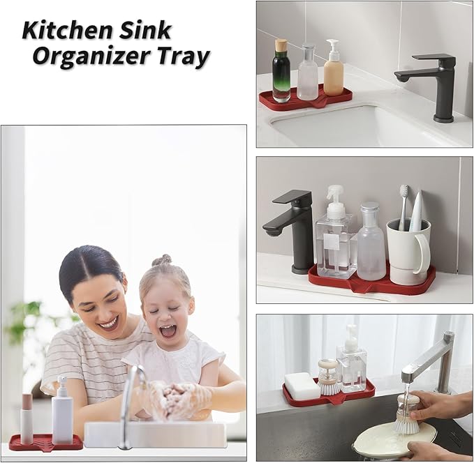 Silicone Bathroom Soap Dishes with Drain Spout-Bathroom and Kitchen Sink Organizer,Sponge Holder,Dish Soap Tray,Perfect for Dispenser,Scrubber,Bottle,Cup on Sink or Counter-Red 9.6"×5.3"