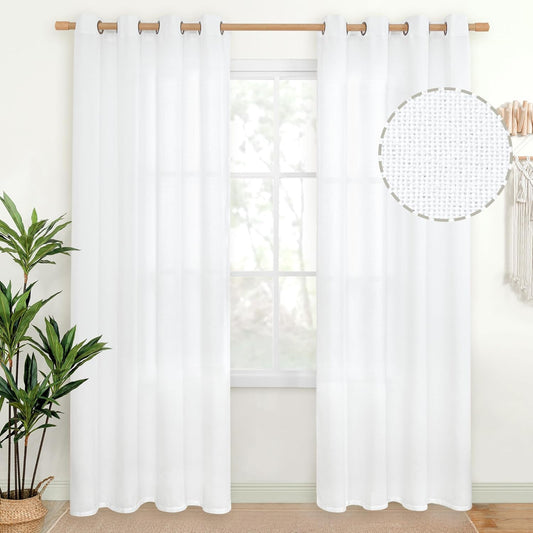 YoungsTex 80 Inches Length White Linen Curtains for Living Room, Semi Sheer Window Treatments Light Filtering with Bronze Grommet for Bedroom Dining Country, 52 x 80 Inch, 2 Panels