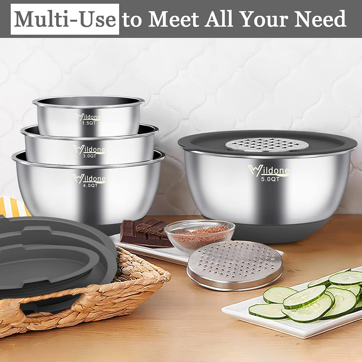 Wildone Mixing Bowls with Airtight Lids, 22 PCS Stainless Steel Mixing Bowls Set, 3 Grater Attachments, Measurement Marks & Non-Slip Bottom, Size 5, 4, 3, 2,1.5, 0.63QT, Ideal for Mixing & Prepping