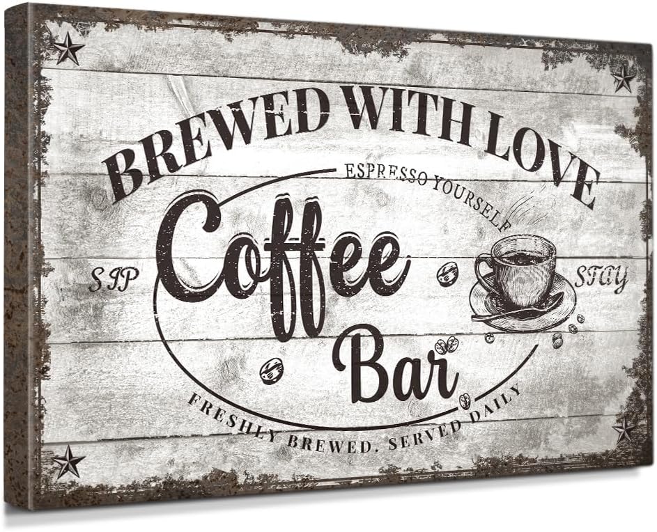 IPIC - Vintage Coffee Bar Sign Brewed with Love, Farmhouse Style Canvas Wall Art for Cafe, Large Wall Decor Gift for Family or Friends, Ready to Hang, Made in USA