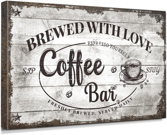 IPIC - Vintage Coffee Bar Sign Brewed with Love, Farmhouse Style Canvas Wall Art for Cafe, Large Wall Decor Gift for Family or Friends, Ready to Hang, Made in USA