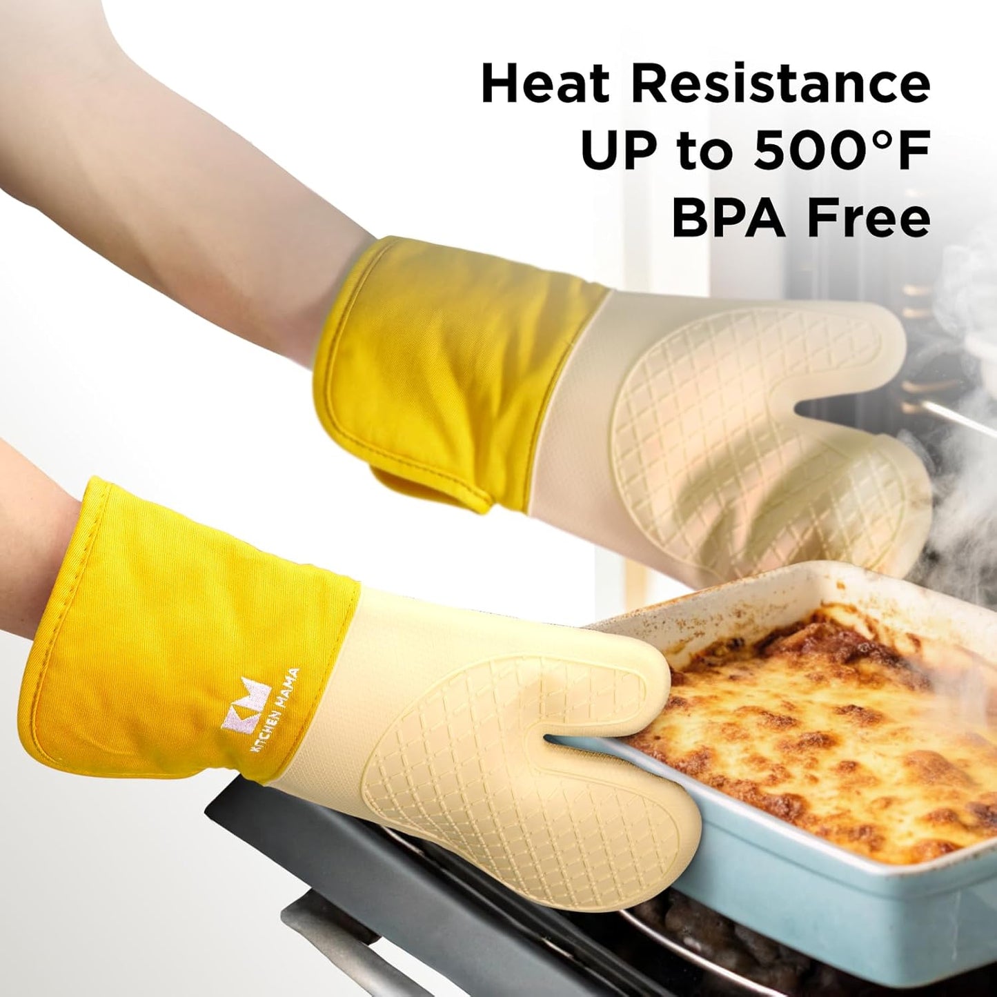 Kitchen Mama UltraShield Silicone Oven Mitts – Heat Resistant, Non-Slip Surface, Durable, Safe, Pot Holders, Flexible Waterproof Glove Set, Perfect for Cooking, Baking, Grilling, BBQ (Yellow)