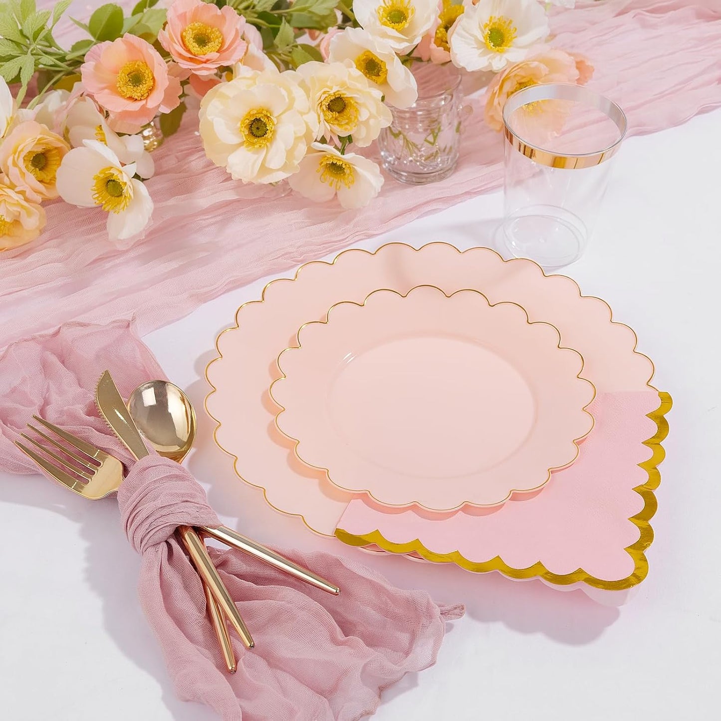 WONDERFUL 351pcs Pink Plastic Plates - Luxury Party Plates and Cups and Napkins Sets Includes 100 Disposable Plate 150 Heavy Duty Silverware 50 Cups 50 Wedding Napkins 1 Table Runner for Wedding Party