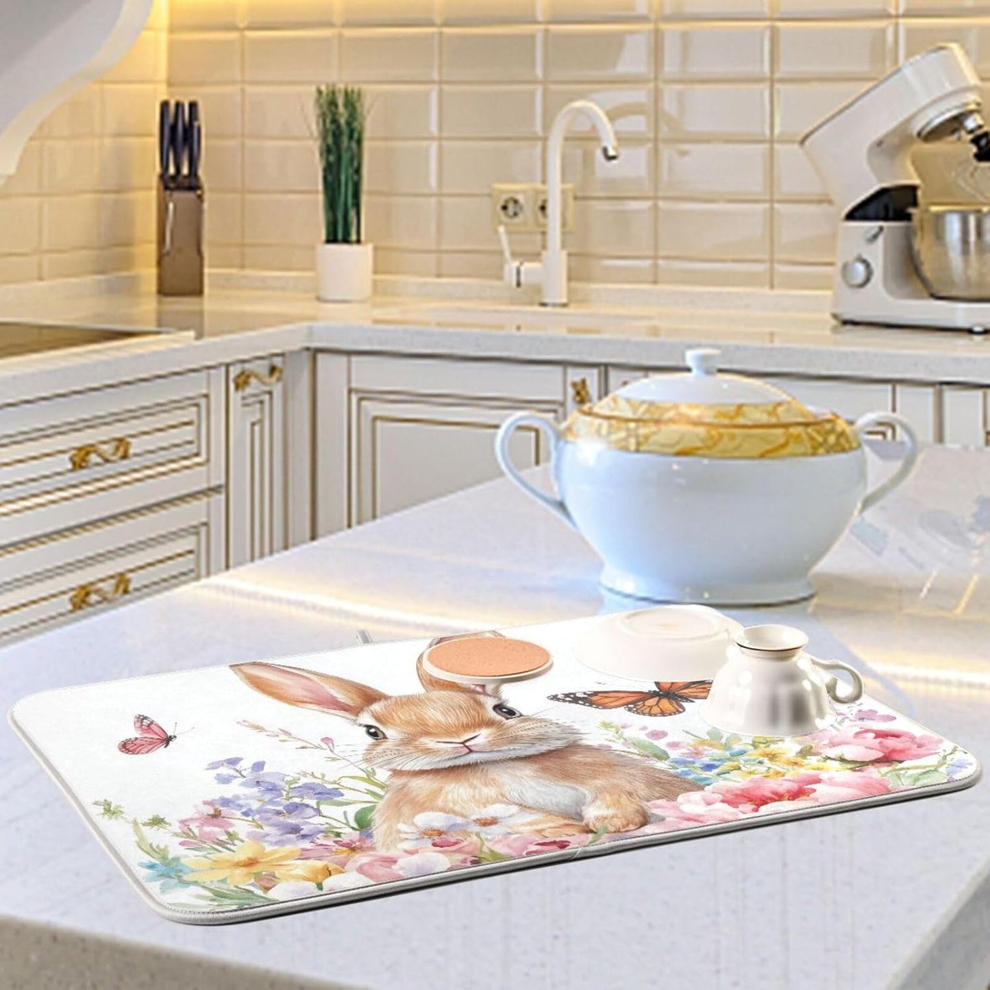 Cute Bunny and Blooming Flowers Dish Drying Mat Super Absorbent Drying Mat 16x18 inch Large Dish Drying Mats for Kitchen Counter Dish Drying Pads Kitchen Drying Matt for Countertop