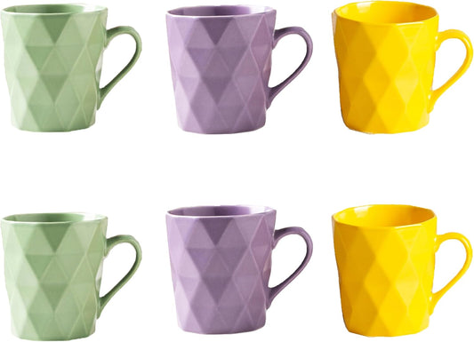 11 Ounce Porcelain Mugs, Set of 6, Tea and Cocoa Mug Set, 2Yellow, 2Purple, 2 Matcha Green, Matte