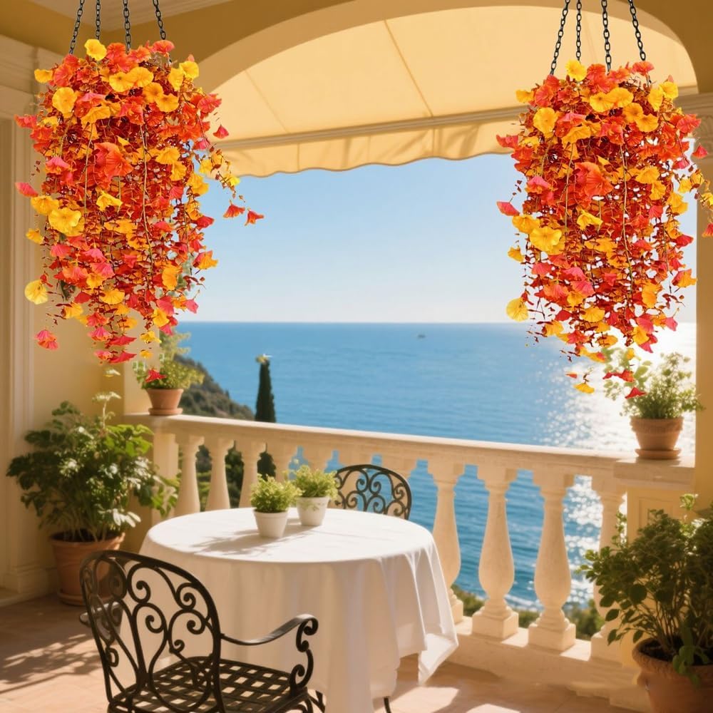 Jasion 4 Bundles Artificial Hanging Flowers Outdoor Realistic Morning Glory Silk Fake Plants UV Resistant for Porch Balcony Fence Decor (Fall Color)