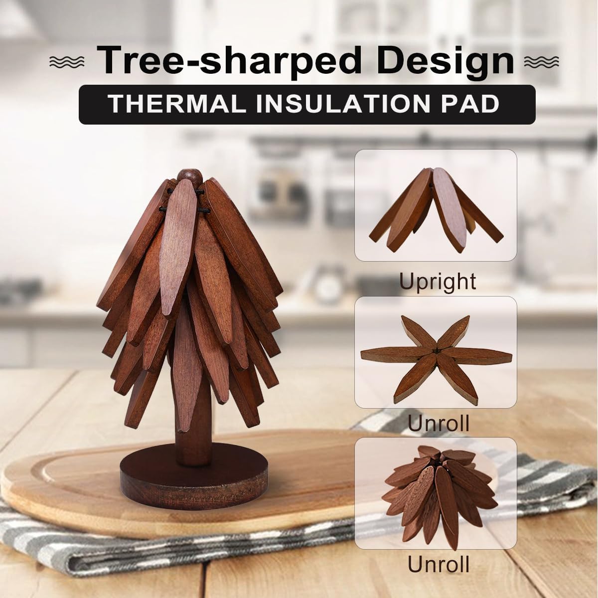 EGO LIFE Wooden Trivet Tree Set for Hot Dishes, 100% Natural Wood, Expandable Design Coaster, Foldable Tree-Sharped placemats with 4PCS(Walnut Color)