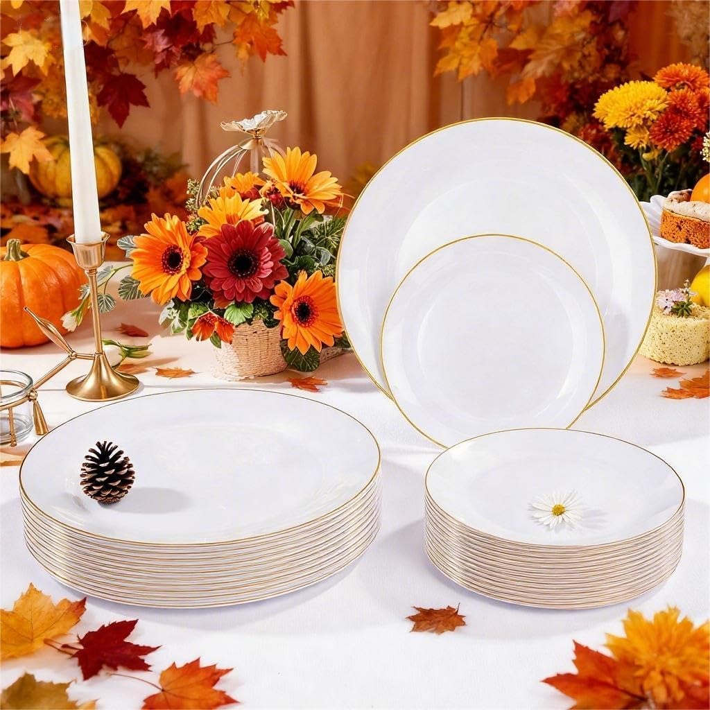 Festiva 350Pcs Gold Plastic Plates - White and Gold Dinnerware Set Disposable include 10" & 7" Plates,Cups,Silverware,Napkins -serve 50 Guests Perfect for Wedding& Chritmas &Thanksgiving Party