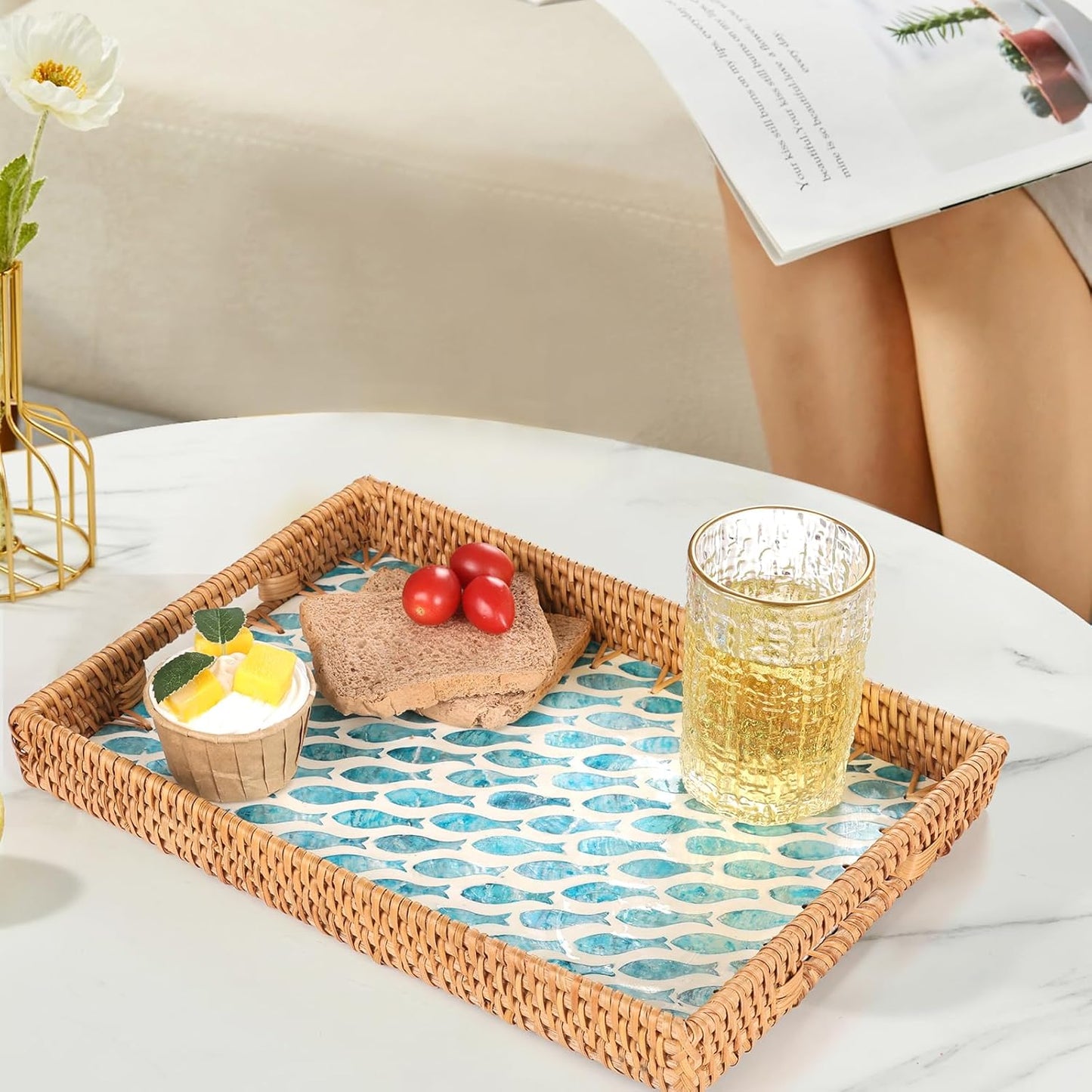 Rectangle Rattan Tray with Mother of Pearl Inlay, Rattan Serving Tray with Handle for Coffee, Bread, Fruits, Snacks, Decorative Wicker Tray for Table Decor (Rectangle Turquoise Fish, 13"×9")