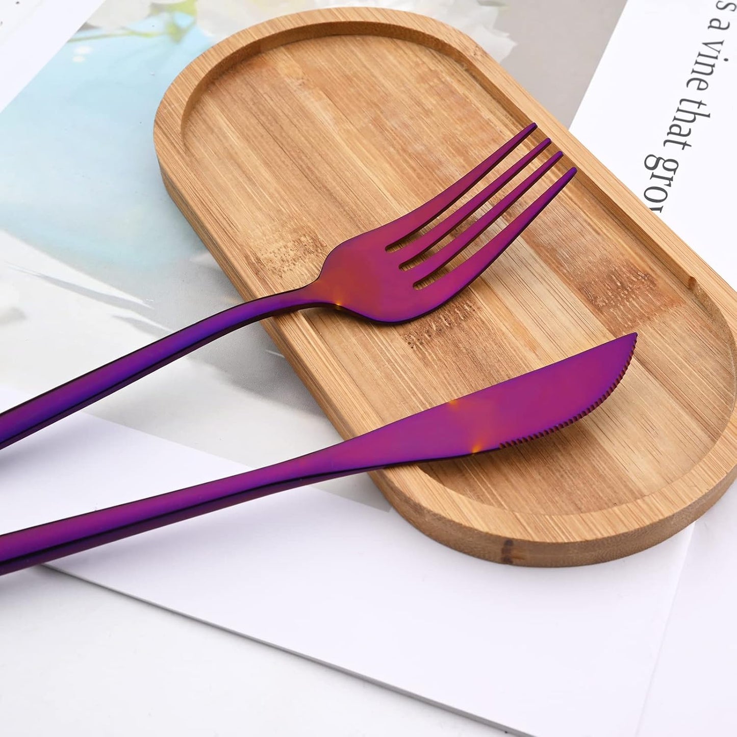 24-Piece Mirror Purple Polished Flatware, 18/0 Stainless Steel Dinnerware Set Include Knife Fork Spoon Teaspoon Cutlery Set For Home Restaurant and Party Service For 6, Dishwasher Safe