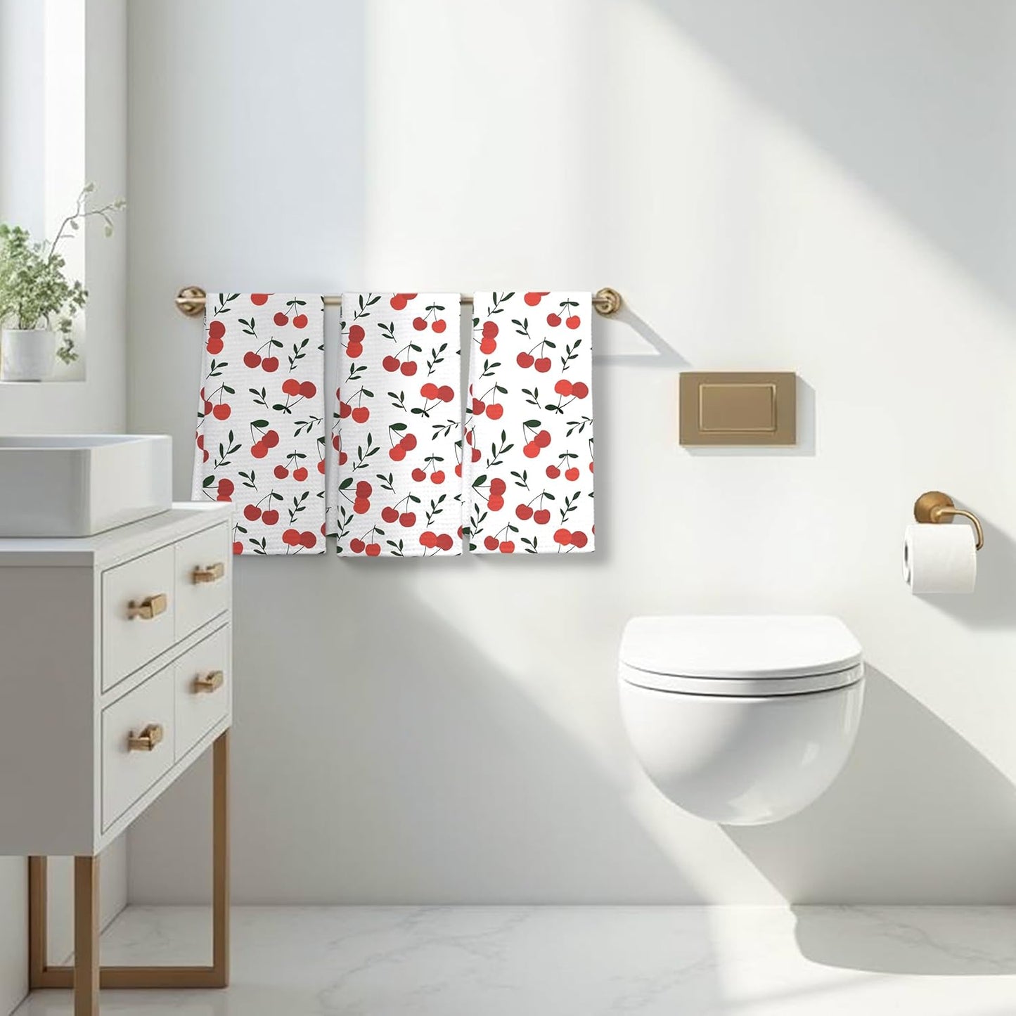 Cherry Decor Kitchen Towels Set of 3, Cherry Hand Towels Dish Towels for Kitchen Bathroom Decor, Fruit Lover Gifts, 16x24 Inches