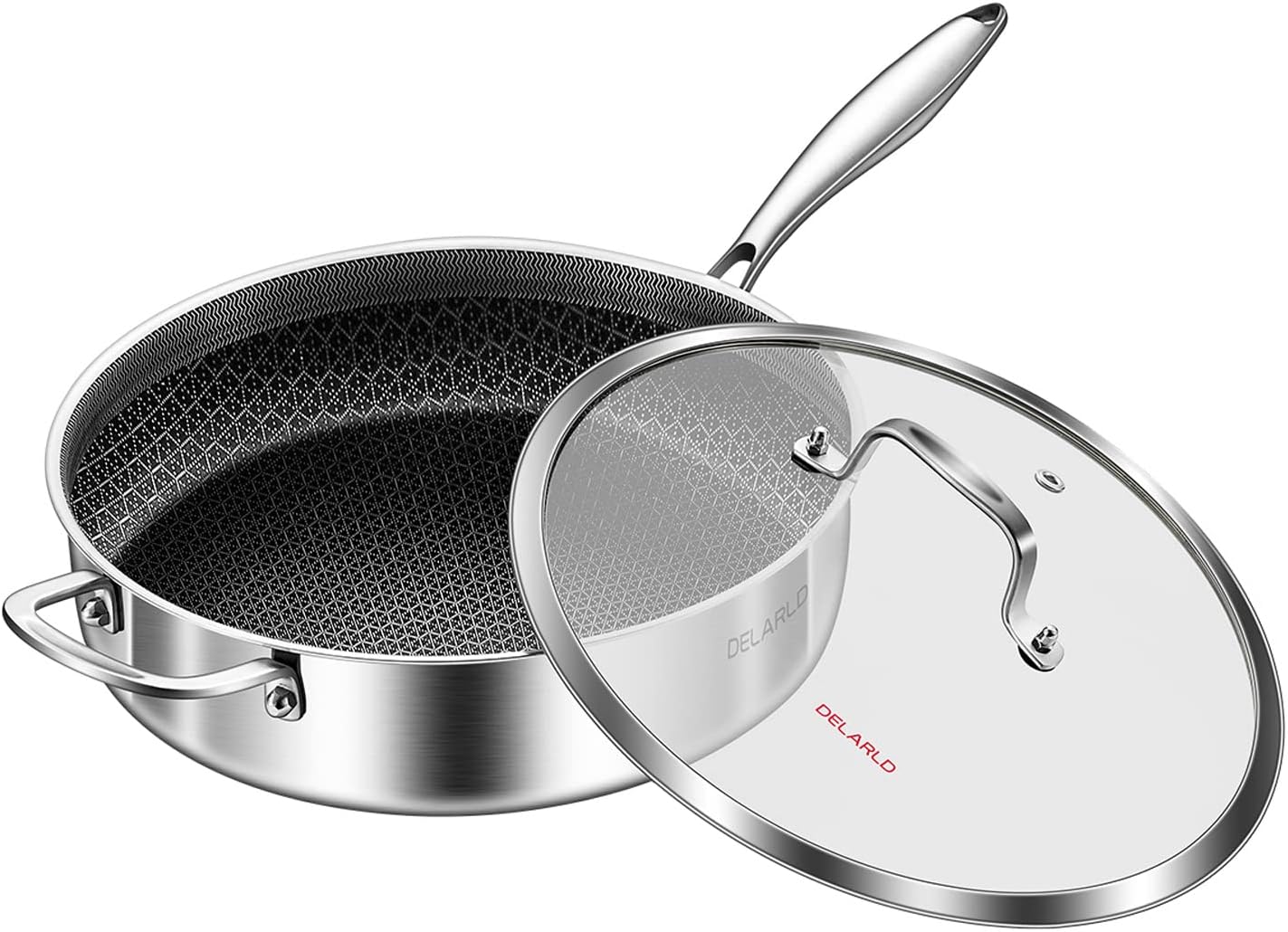 DELARLO Frying Pan,12 inch Tri-Ply Stainless Steel Skillet,6 Quart Saute Pan with lid, Compatible with All Cooktops,Oven Up to 660℉,Chicken Fryer,Dishwasher-Friendly