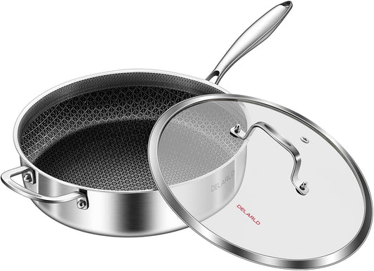 DELARLO Frying Pan,12 inch Tri-Ply Stainless Steel Skillet,6 Quart Saute Pan with lid, Compatible with All Cooktops,Oven Up to 660℉,Chicken Fryer,Dishwasher-Friendly