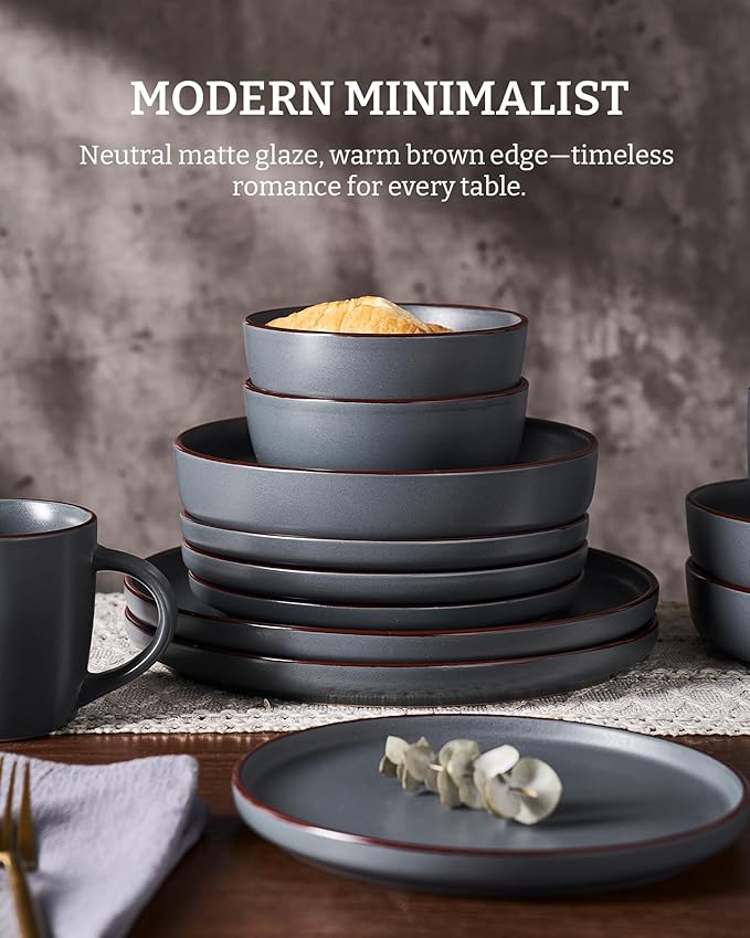 Famiware Mercury Dinnerware Sets with Mugs, Service for 4 (16 Pieces), Plates and Bowls Sets, Microwave and Dishwasher Safe Dishes Set, Charcoal