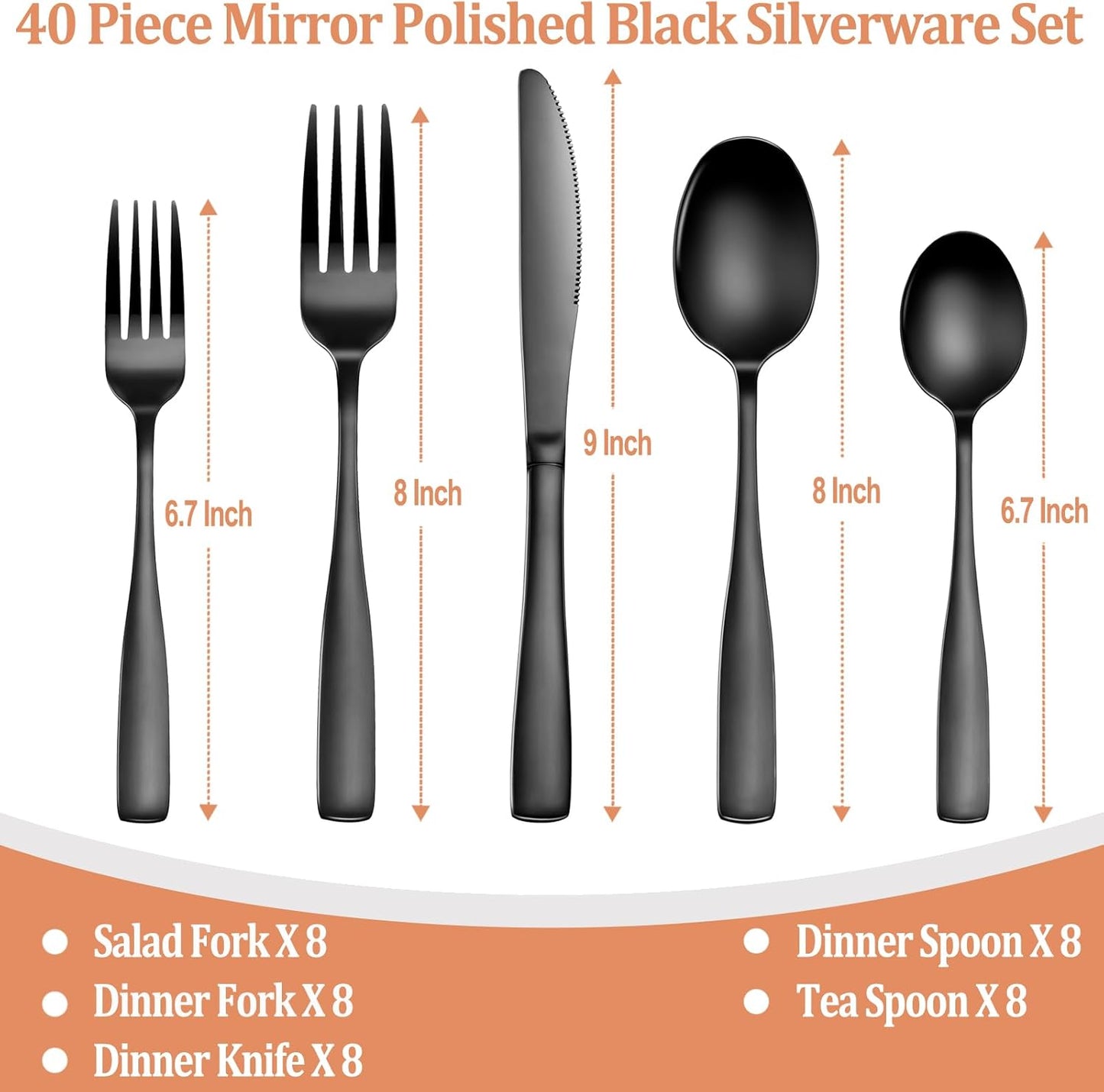 40 Pcs Black Silverware Set, Stainless Steel Flatware Set for 8, Food-Grade Cutlery Set, Mirror Polished Tableware Eating Utensils Set for Home Kitchen, Include Knife Fork Spoon Set, Dishwasher Safe