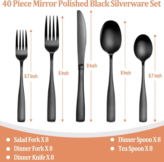 40 Pcs Black Silverware Set, Stainless Steel Flatware Set for 8, Food-Grade Cutlery Set, Mirror Polished Tableware Eating Utensils Set for Home Kitchen, Include Knife Fork Spoon Set, Dishwasher Safe
