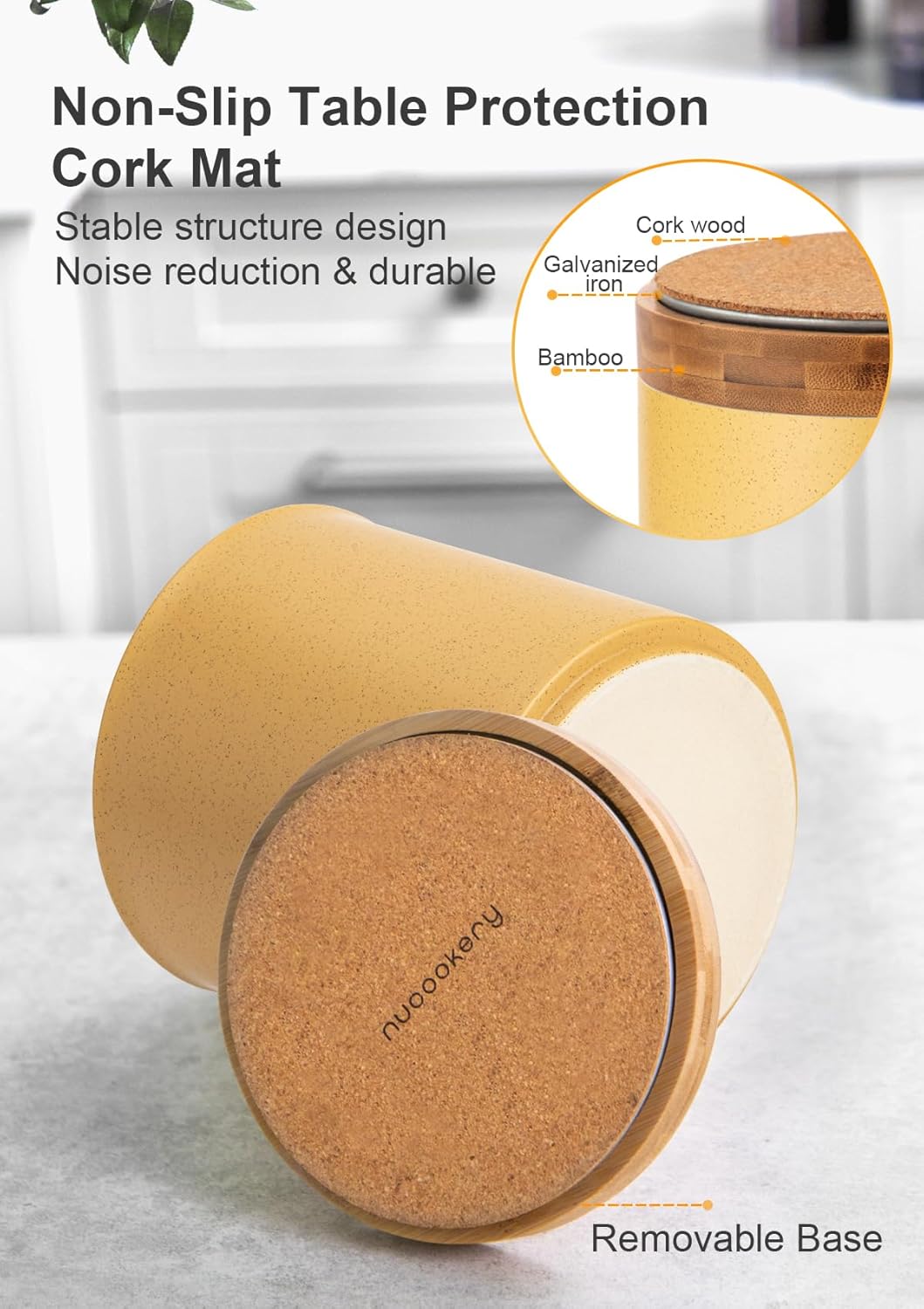 Nucookery 360°Rotating Utensil Holder, 7.2" Kitchen Utensil Crock, Ceramic Cooking Utensil Organizer with Countertop-Protection Cork Bottom for Farmhouse Kitchen Decor Christmas (Yellow Sand)